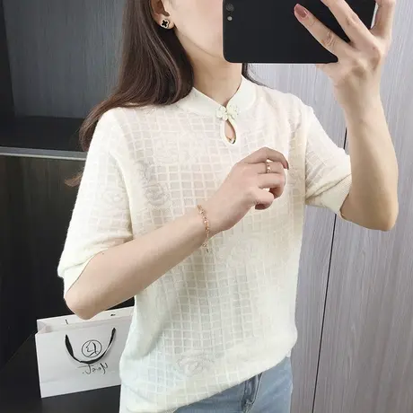 小心机镂空国风盘扣冰丝针织半袖T恤女2024夏装新款打底衫上衣潮商品大图