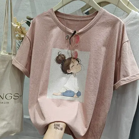 韩系可爱卡通女孩印花雪花棉宽松休闲短袖T恤女2025夏季上衣体恤商品大图