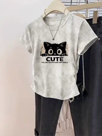 辣妹上衣夏甜酷风chic复古印花短款T恤女潮牌ins大码修身收腰短袖图片