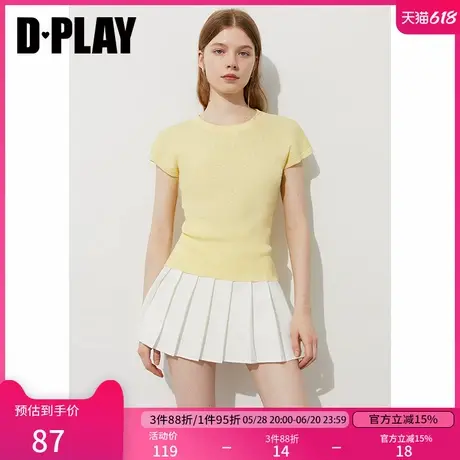 DPLAY【惠品】2025年夏季新款黄色T恤女圆领小包袖罗纹针织小衫图片