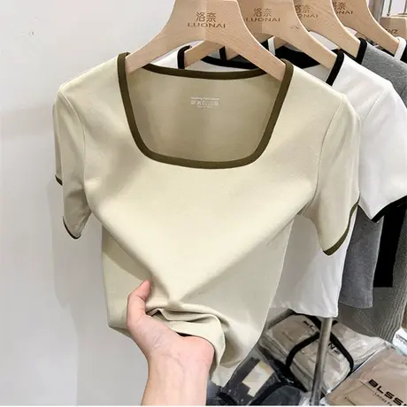 欧货百搭撞色方领短袖T恤女2024夏新款修身弧形下摆体恤小衫上衣图片