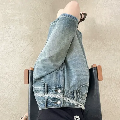 五分蓝色阔腿牛仔短裤女夏季薄款蕾丝拼接双扣高腰宽松直筒中裤薄商品大图