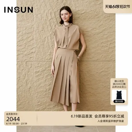 INSUN恩裳2025秋季小立领飘带棉质花苞袖衬衫商品大图