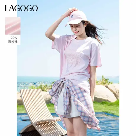 LAGOGO立体字母印花T恤女拉谷谷2025夏季新款淡人全棉宽松短袖商品大图