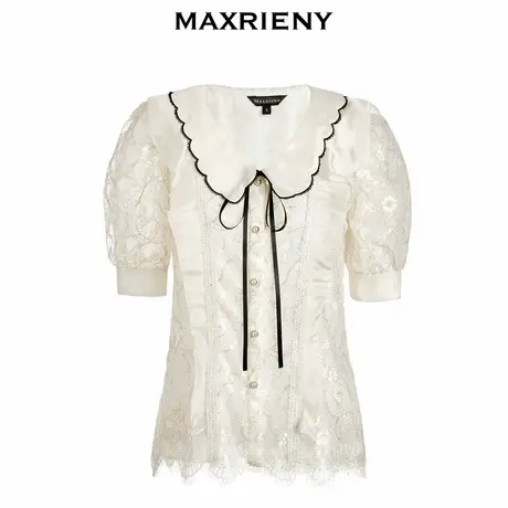 【奥莱】MAXRIENY翻领雪纺上衣女蝴蝶结短袖蕾丝开衫图片