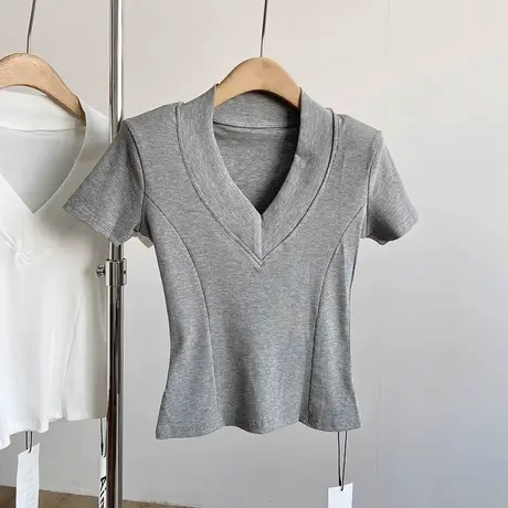 纯欲性感鱼骨正肩短袖T恤女夏季韩版修身打底衫chic甜辣V领上衣服商品大图