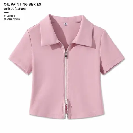 KWV真维斯粉色正肩短袖t恤女2025新款爆款拉链设计感短款上衣女夏图片