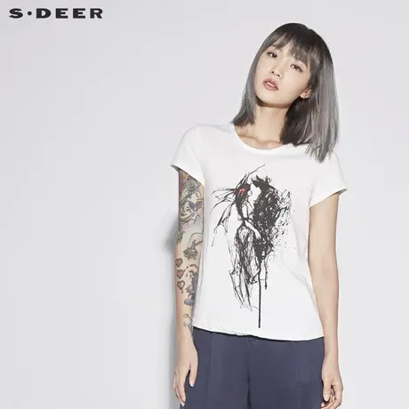 sdeer圣迪奥个性时尚圆领手绘印花短袖T恤S18280162图片