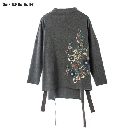 sdeer圣迪奥2019春装新品花朵刺绣开衩飘带半高领针织衫S18380233图片