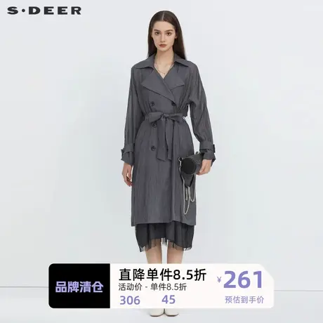 sdeer圣迪奥女装翻领收腰褶皱双排扣长款风衣S223Z1804图片