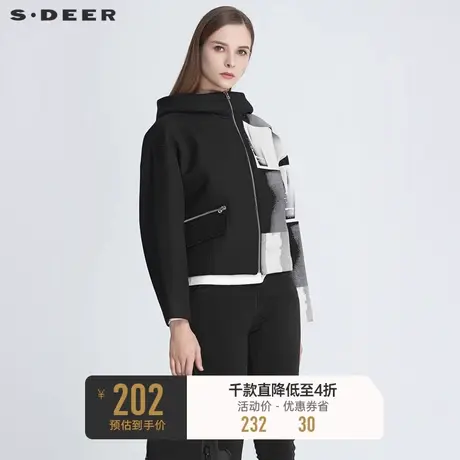 sdeer圣迪奥冬女装高领连帽不规则撞色印花宽松短外套S20482220图片