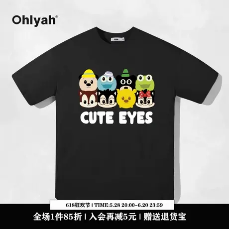 Ohlyah设计师原创卡通品牌圆领黑色短袖T恤女夏季oversize上衣图片