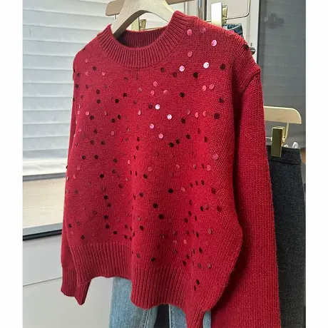 亮片套头圆领毛衣女韩版长袖女装针织衫上衣洋气商品大图