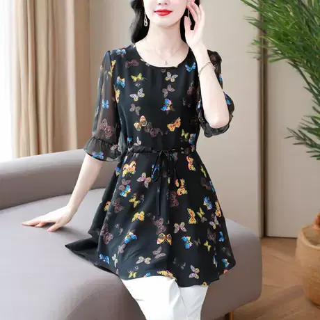 中长款短袖雪纺衫女夏季新款宽收腰遮肚子显瘦上衣漂亮减龄小衫商品大图