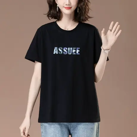 短袖t恤女夏季新款纯棉宽松加大码中年妈妈遮肚显瘦圆领半袖体恤图片