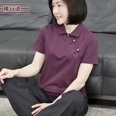 夏款纯棉亲肤翻领宽松短袖新中式T恤纯色上衣打底衫简约复古女装图片