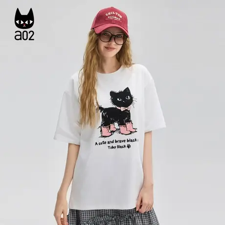 a02猫猫凉感短袖女T恤2025新款夏季设计感半袖通勤穿搭圆领上衣图片