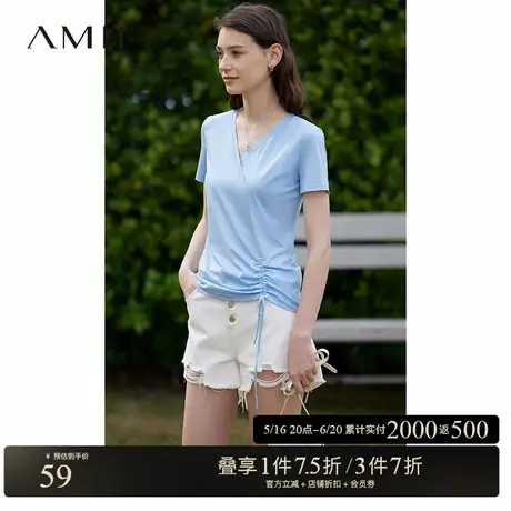 Amii2025夏新款时尚休闲V领全棉T恤女抽褶百搭短袖打底衫上衣图片