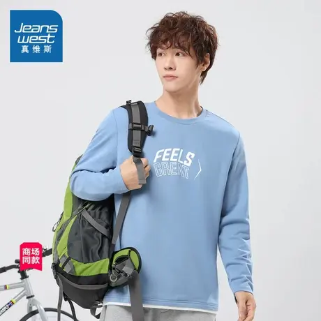 JW真维斯男装时尚假两件上衣 2025春季新款 青年圆领印花长袖T恤图片