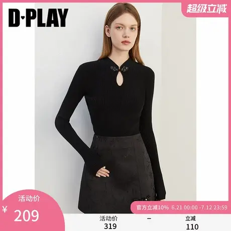 DPLAY2025春季新款黑色毛衣女立领修身新中式针织打底衫毛衫上衣商品大图