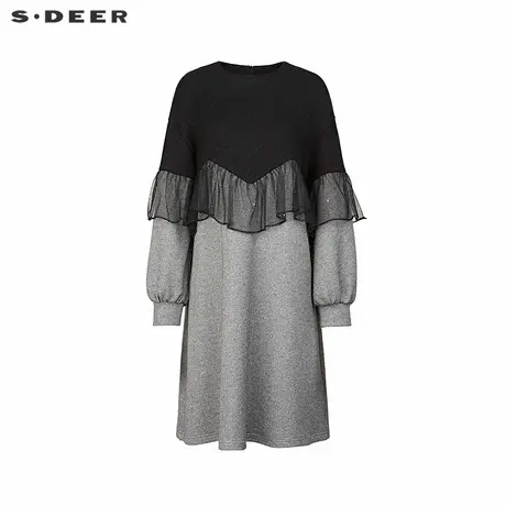 sdeer圣迪奥女装时尚圆领撞色拼接网纱连衣裙S244Z12A1商品大图