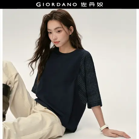 设计师款佐丹奴蝙蝠袖T恤女夏新款拼接格纹宽松圆领上衣18325215图片