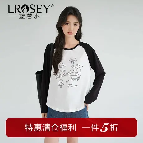 蓝若水大码女装美式印花插肩袖打底T恤胖mm秋季新品显瘦休闲上衣商品大图