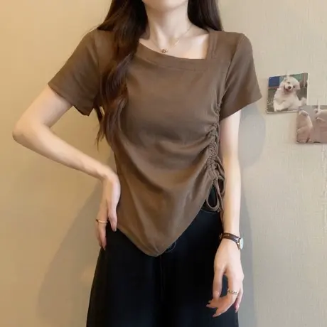 不规则抽绳褶皱短袖T恤女夏季修身短款打底小衫百搭韩版上衣半袖商品大图