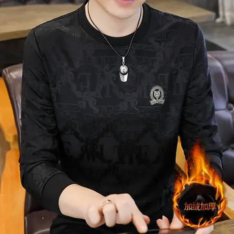 2025春季新款男士加绒加厚长袖T恤衫加肥加大码提花卫衣保暖上衣图片
