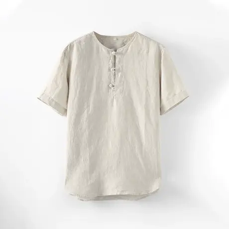 2024夏季新款亚麻休闲衬衫男短袖盘扣宽松中国风男士上衣圆领衬衣商品大图