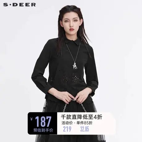 sdeer圣迪奥春装简约翻领镂空不规则微弹黑色衬衫S22180523🎈商品大图