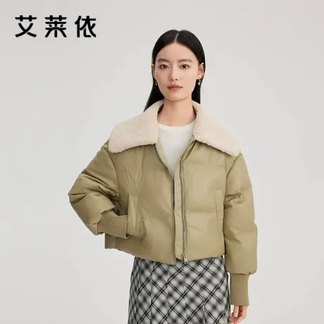 艾莱依新款羽绒服仿羊羔毛领短款PU皮女外套复古鸭绒保暖时尚清仓商品大图