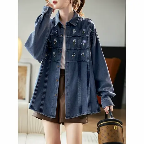 宝诗黎翻领刺绣拼接牛仔衬衫2025春季宽松休闲棉质长袖衬衣外套女商品大图