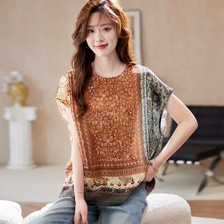 宝诗黎圆领蝙蝠袖印花上衣2025夏季洋气百搭宽松大码波嬉风女装图片