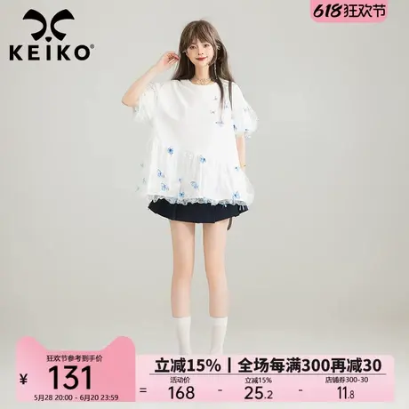 KEIKO 3D绣蝴蝶花娃娃装短袖t恤夏季独特漂亮轻纱遮肉泡泡袖上衣图片