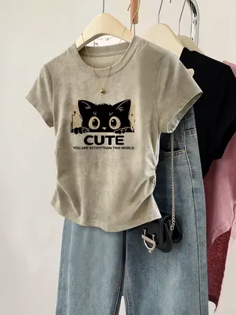 别致正肩猫咪印花短袖T恤女夏季新款辣妹收腰褶皱ins大码短款上衣图片