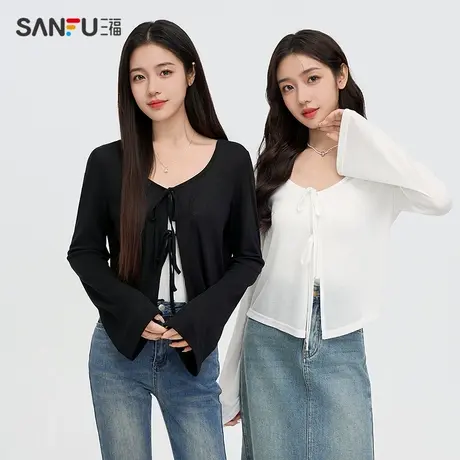 三福长T恤2025春季绑带设计宽松开衫罩衫上衣女装495007Z商品大图