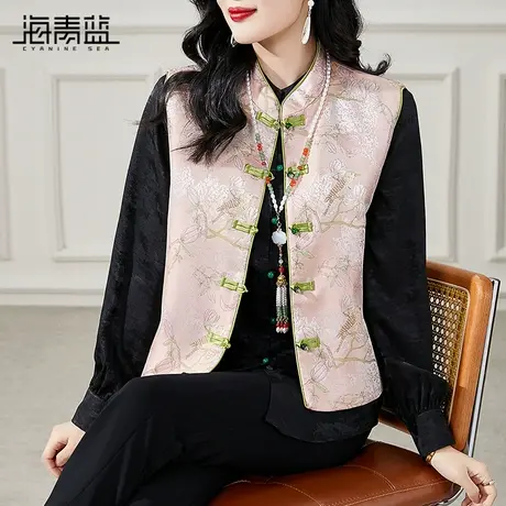 海青蓝轻国风盘扣减龄唐装上衣2024春夏新款新中式复古提花马甲女商品大图