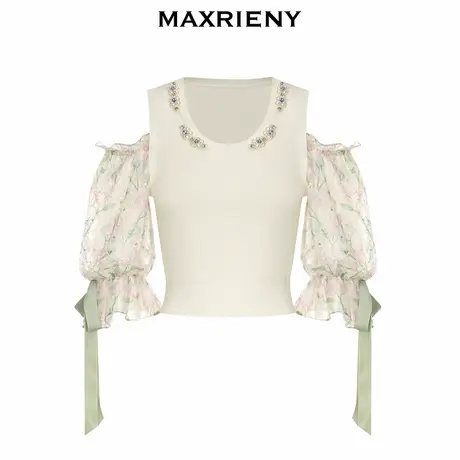 【奥莱】MAXRIENY钉珠拼接雪纺碎花泡泡袖针织背心女图片