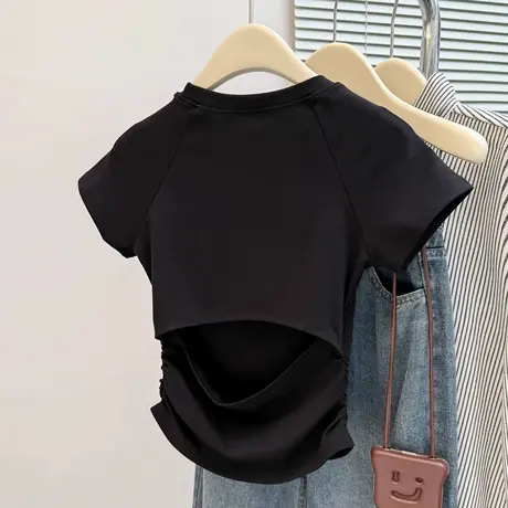 气质高级感短袖T恤女夏季韩版修身小个子短款后背镂空半袖上衣潮图片