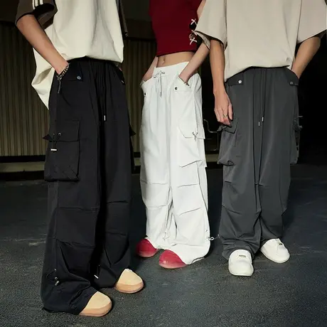 Nuthink薄款工装裤美式潮牌伞兵裤松紧抽绳休闲长裤男女春夏新款商品大图