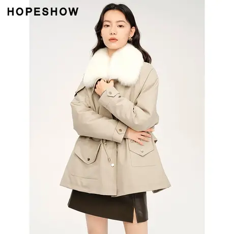 红袖outlets抽绳收腰派克羽绒服hopeshow2023冬款海军领加厚外套商品大图