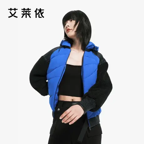 艾莱依反季羽绒服女拼接设计感个性时尚连帽95鹅绒短款修身厚外套商品大图