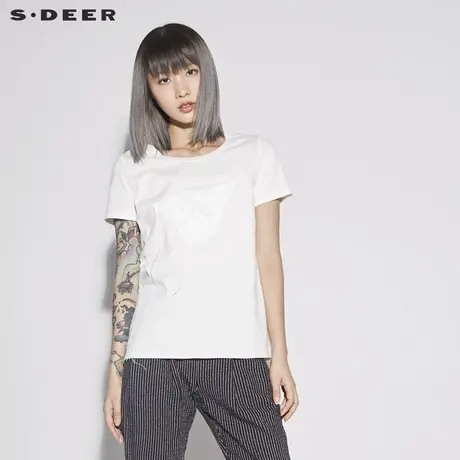 sdeer 圣迪奥女装简约纯色拼接设计短袖T恤S18280147图片