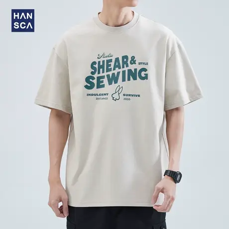 hansca纯棉短袖t恤男美式复古夏季2025新款潮牌字母重磅半袖上衣商品大图