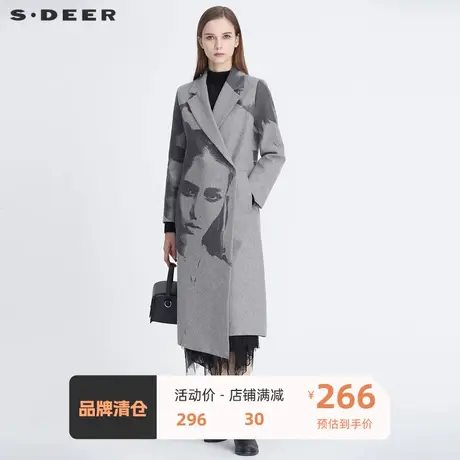 sdeer圣迪奥女装西装领人像印花中长款毛呢大衣女外套S20481818图片