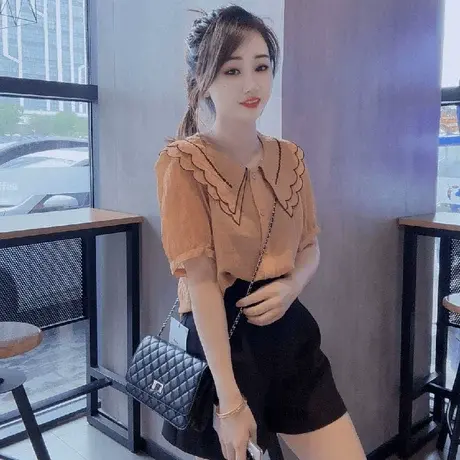 法式娃娃领短袖衬衫女款夏季2025年新款爆款衬衣高级感轻奢上衣女图片