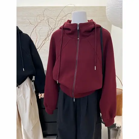 美式复古短款连帽卫衣外套女春秋款2024新款爆款宽松拉链开衫上衣商品大图