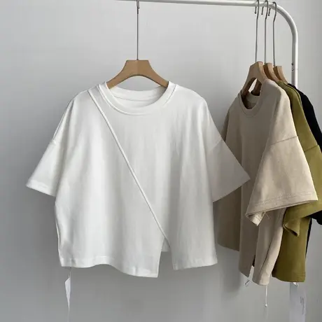 不规则开叉下摆短袖T恤女2025新款夏装宽松百搭韩版短款纯棉上衣商品大图