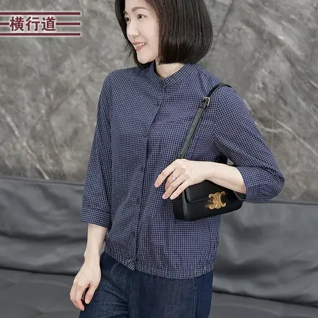 全棉七分袖立领格子宽松上衣开衫小外套复古休闲衬衣2025夏装女装图片